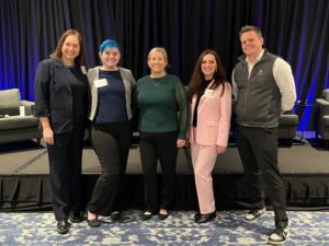 Sarah Fercho (Priori) with Legal Ops leaders, Kelsey Berteaux, Kristen Taitelbaum, Mariana Raghunathan, and Mitchell Caley, following the Consero Legal Operations Forum panel discussion.